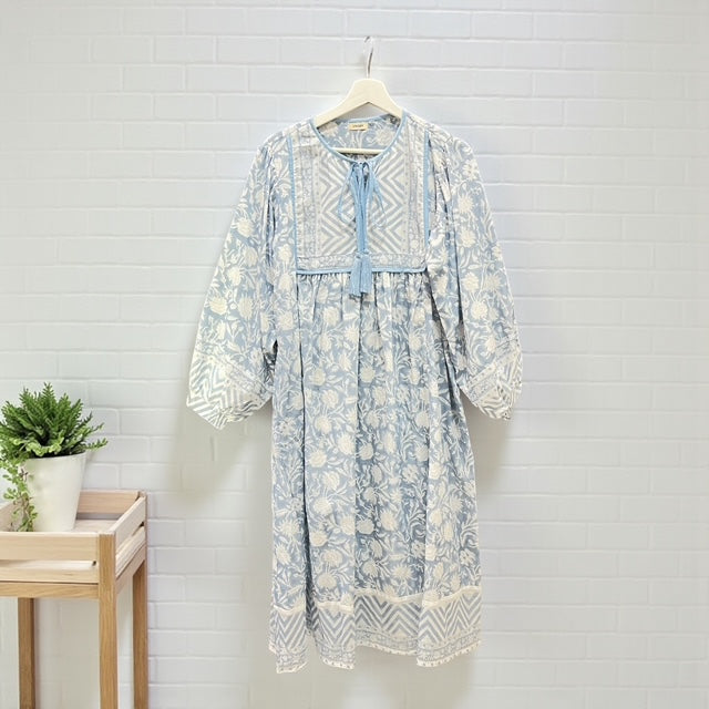 インド綿ブロックプリントワンピース グリーン 着用画像