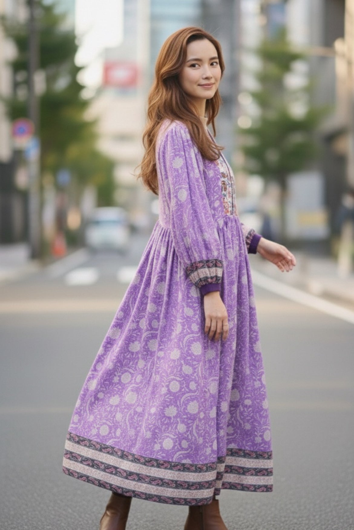 インド綿 ブロックプリント 胸キルトワンピース