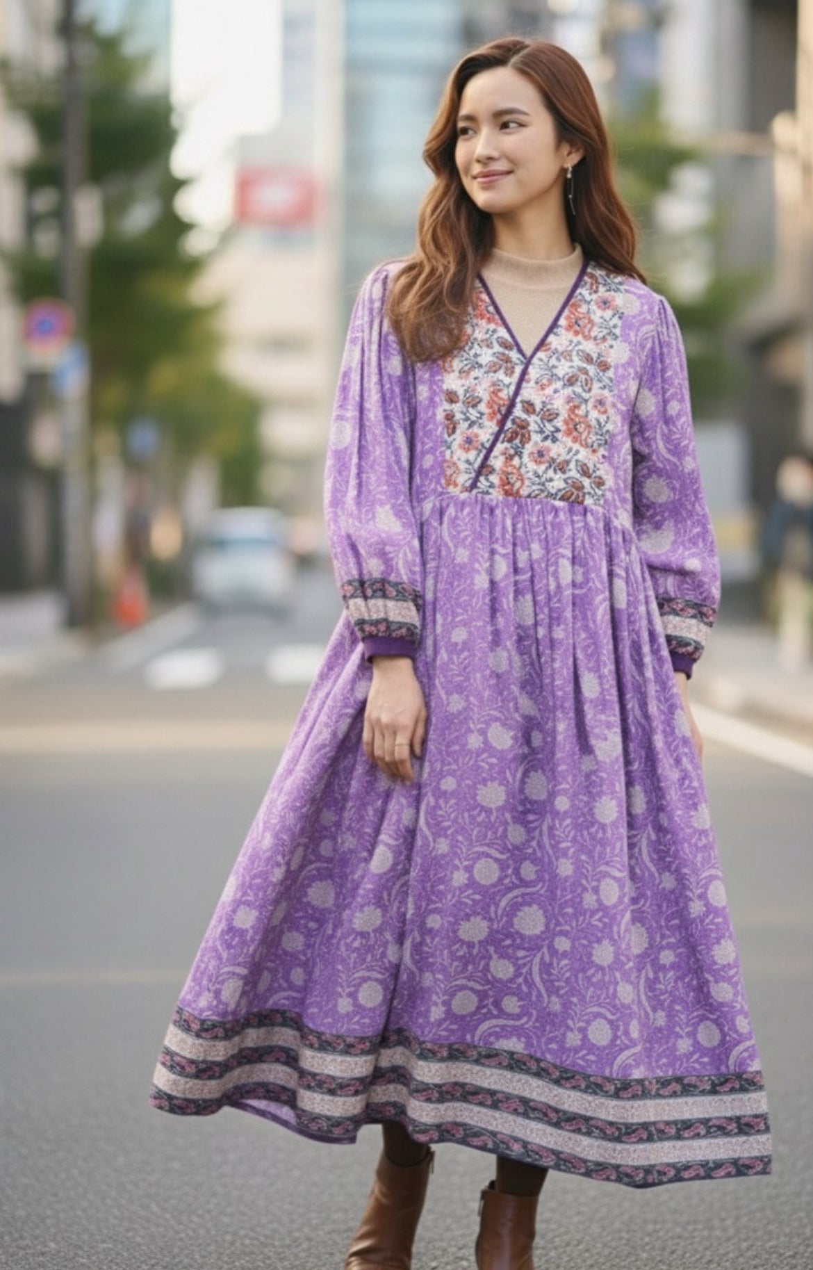 インド綿 ブロックプリント 胸キルトワンピース