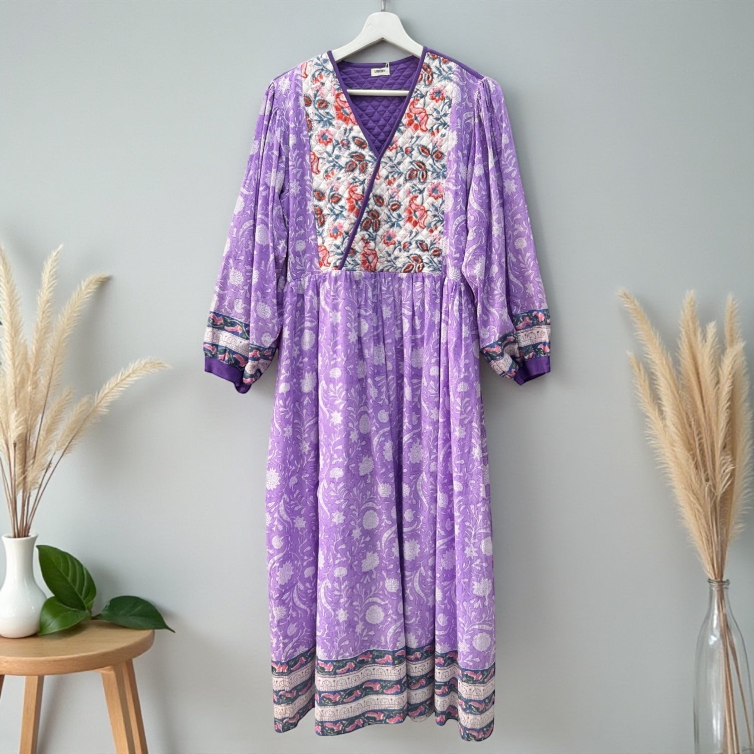 インド綿 ブロックプリント 胸キルトワンピース