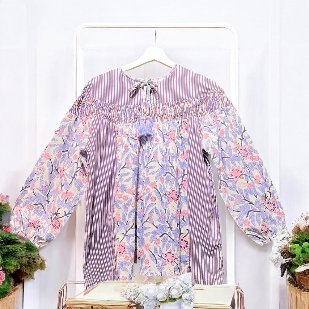 コットンボイル フローラルミックス・タッセルブラウス 2025新作 S/S インド製