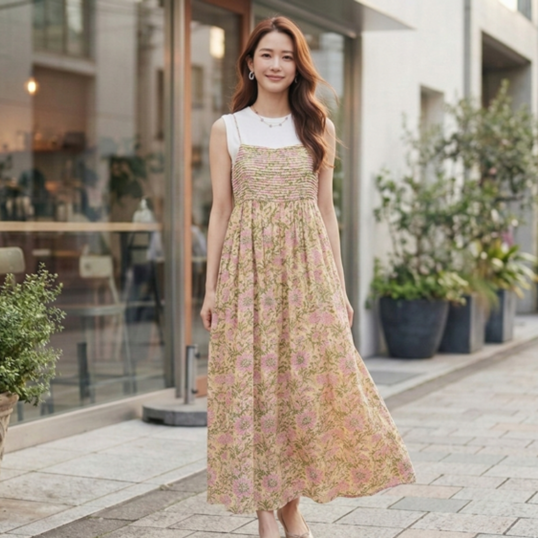 michiru kantaブロックプリント ロングワンピース Lサイズ インド michiru kantaブロックプリント ロングワンピース Lサイズ インド