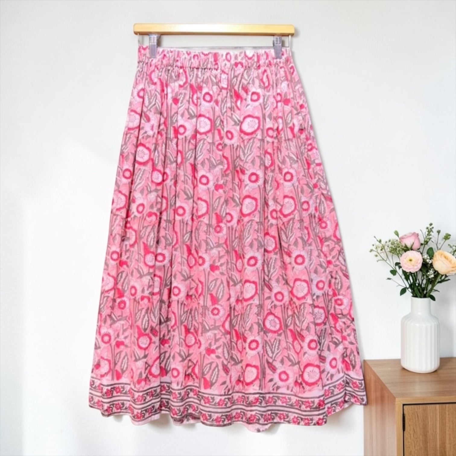 Preorder 2026 S/Sインド綿コットンボイル　フラワーボーダー・コットンロングスカート（予約販売 5月中旬発送予定)