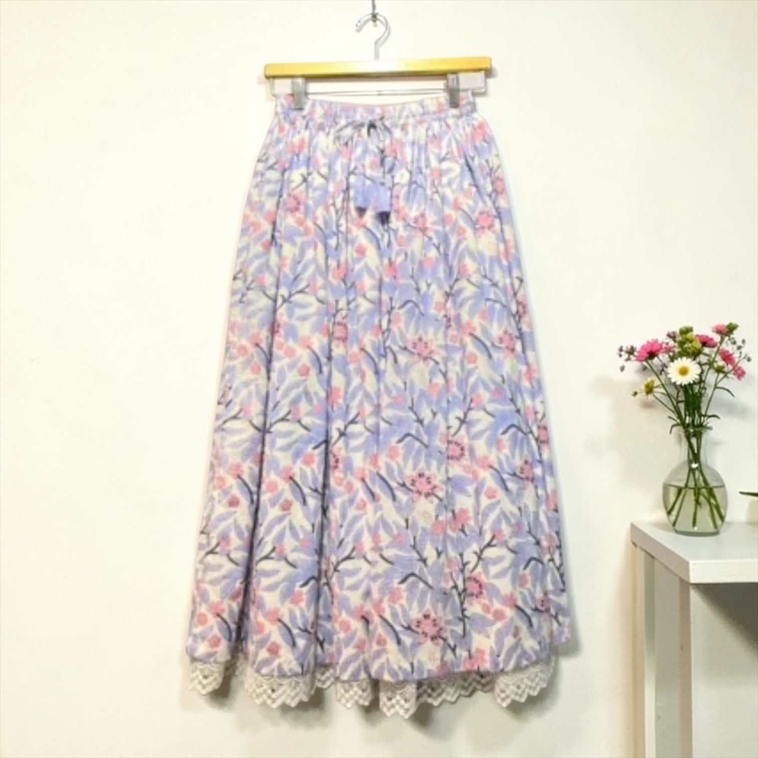 インド綿100% ブロッキング花柄 レースロングスカート