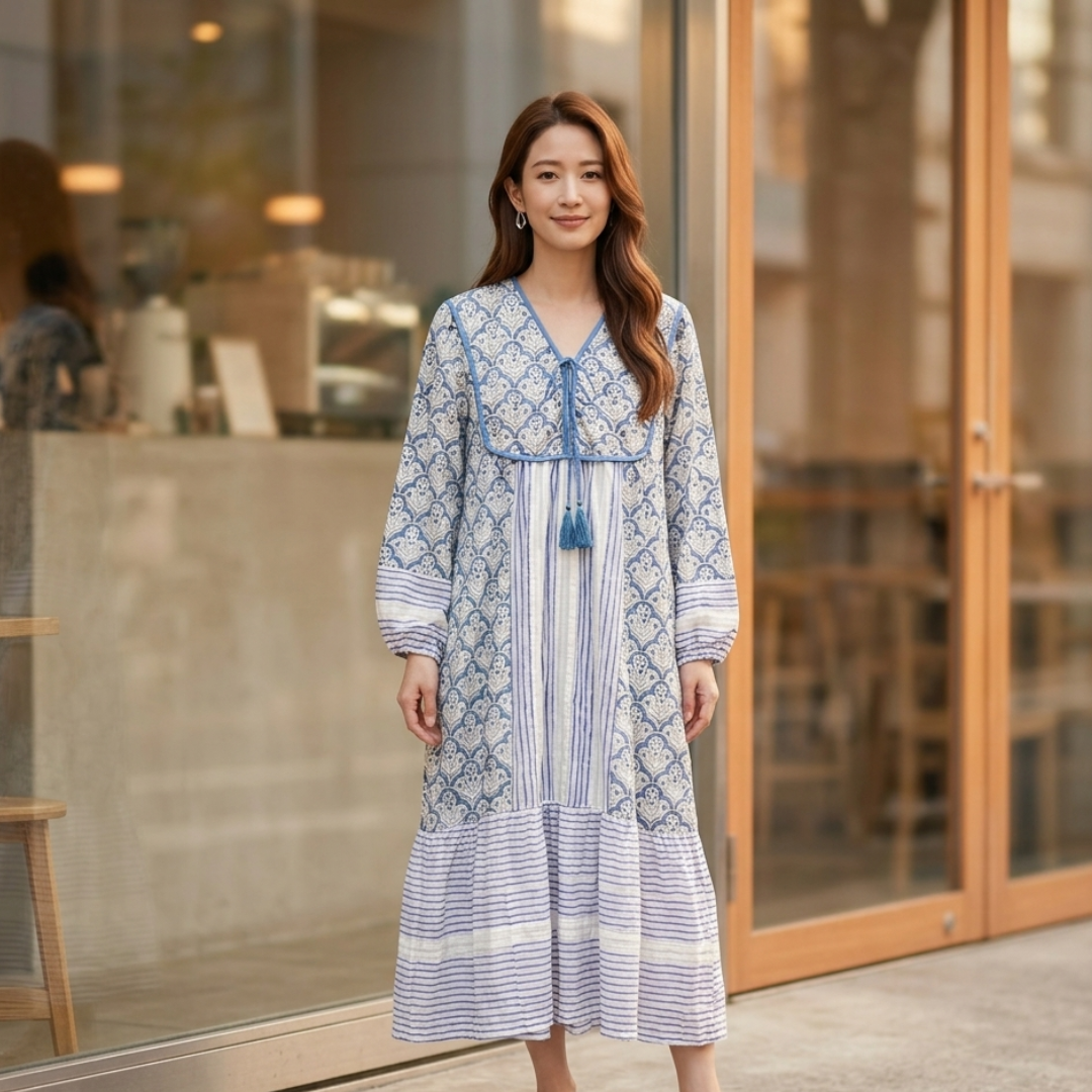 ブロックプリント胸ステッチワンピース