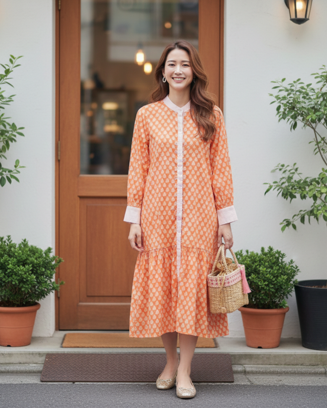 インド綿ハンドブロックプリント◇ボタンシャツワンピース