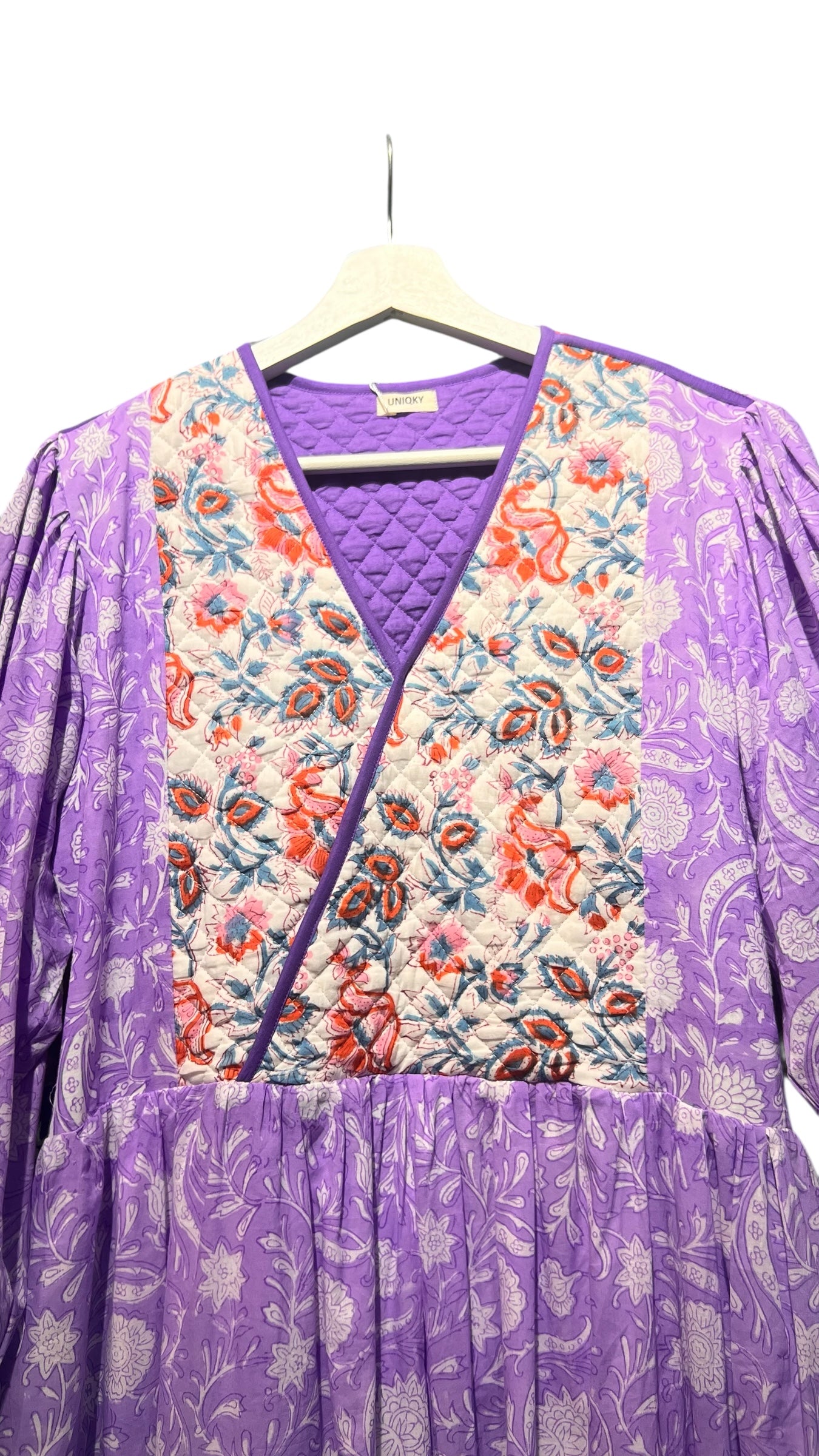 インド綿 ブロックプリント 胸キルトワンピース