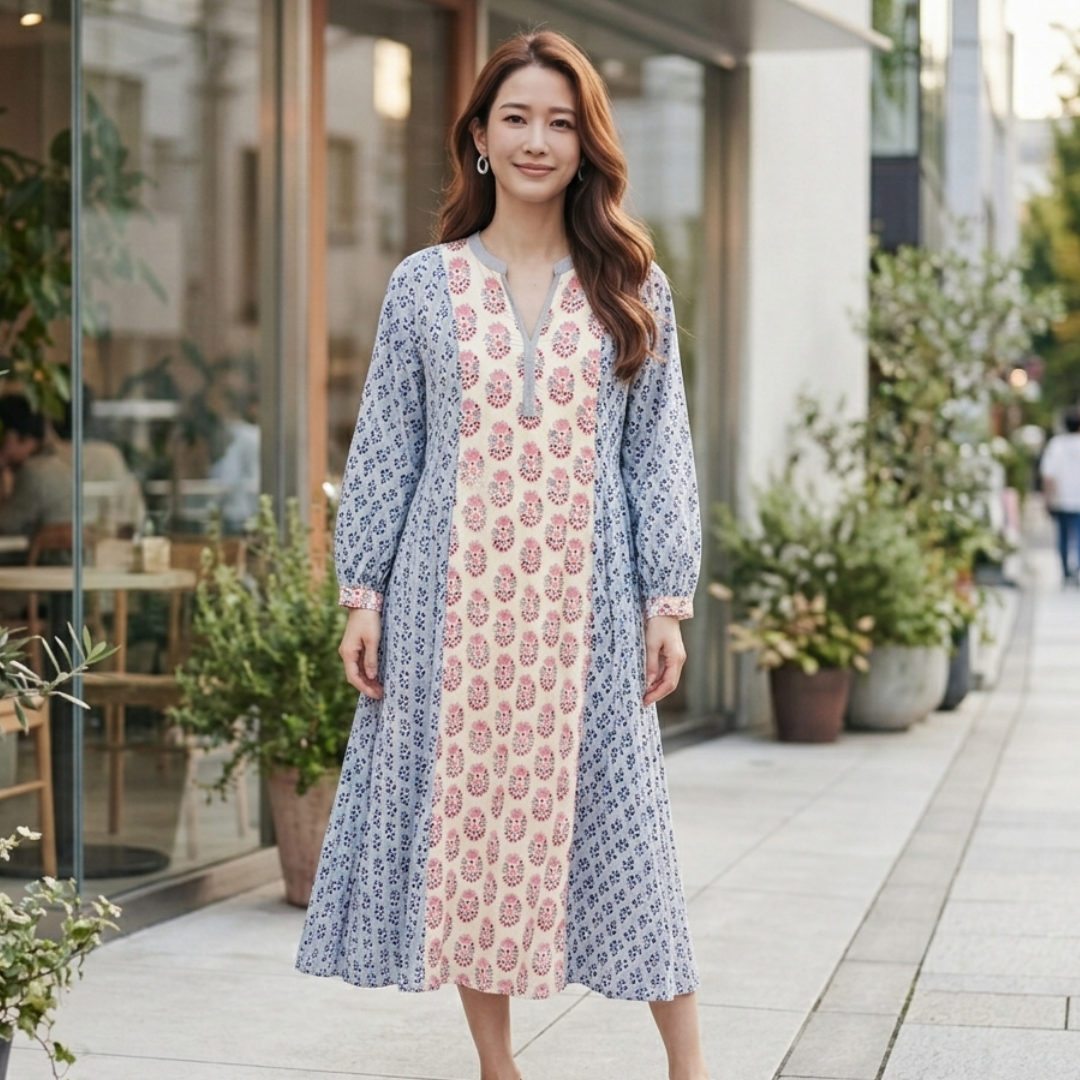 春夏インドコットン切替ブロックプリントワンピース