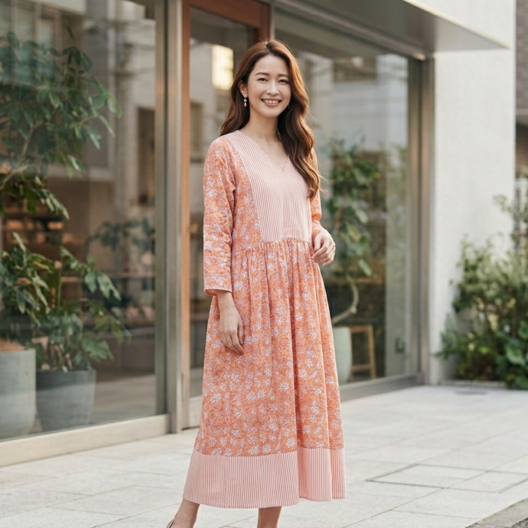 インド綿Vネックワンピース|ブロックプリント花柄|UNIQKY インド綿Vネックワンピース|ブロックプリント花柄|UNIQKY