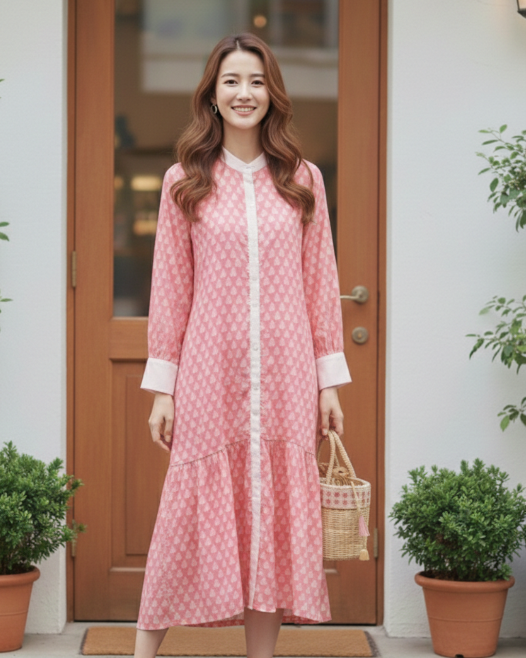 インド綿ハンドブロックプリント◇ボタンシャツワンピース