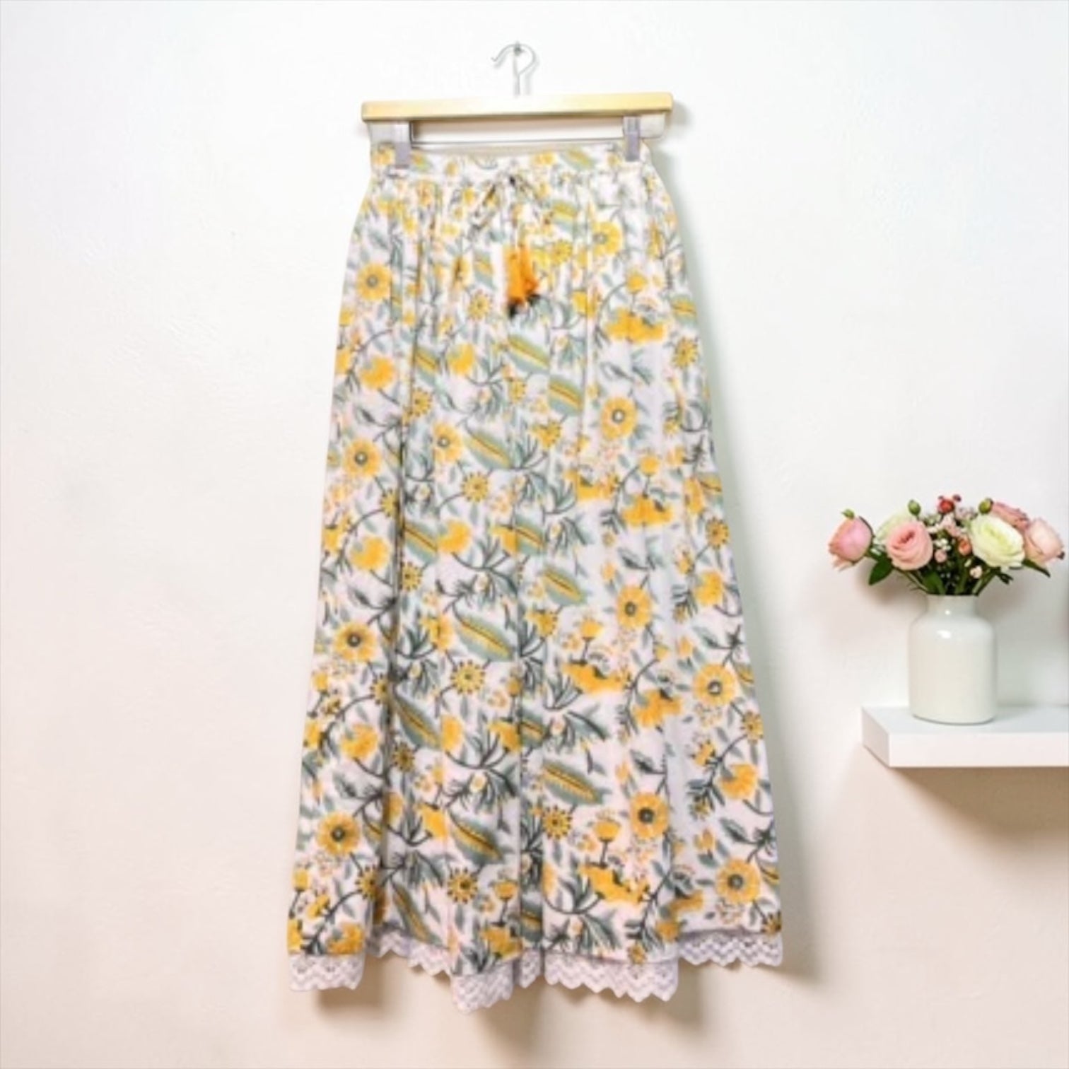 インド綿100% ブロッキング花柄 レースロングスカート