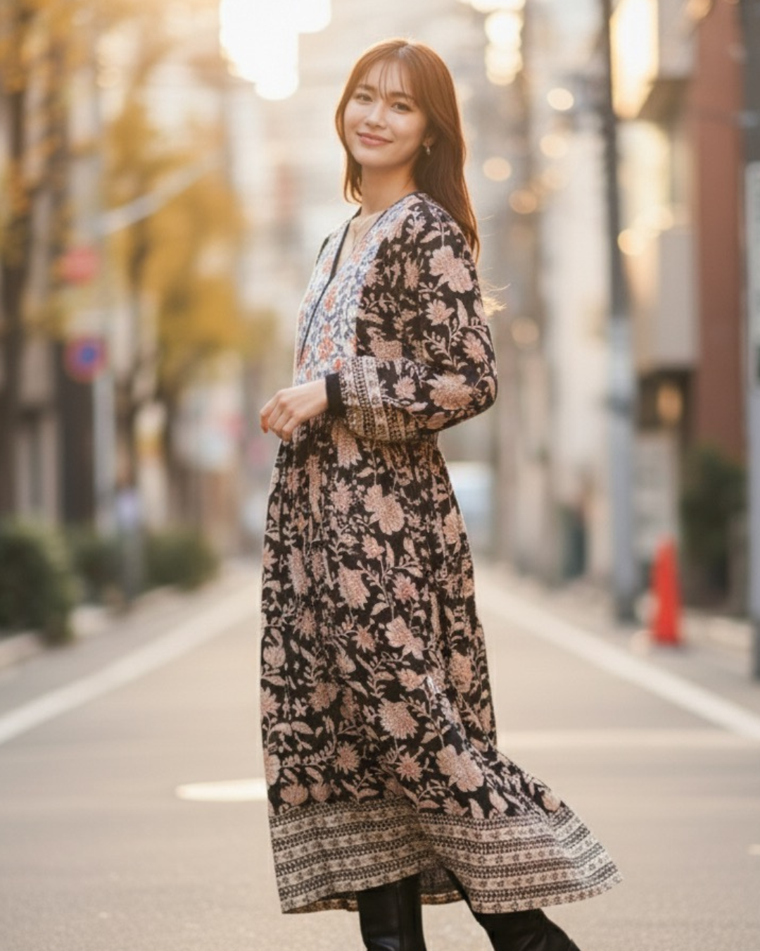 インド綿 ブロックプリント 胸キルトワンピース