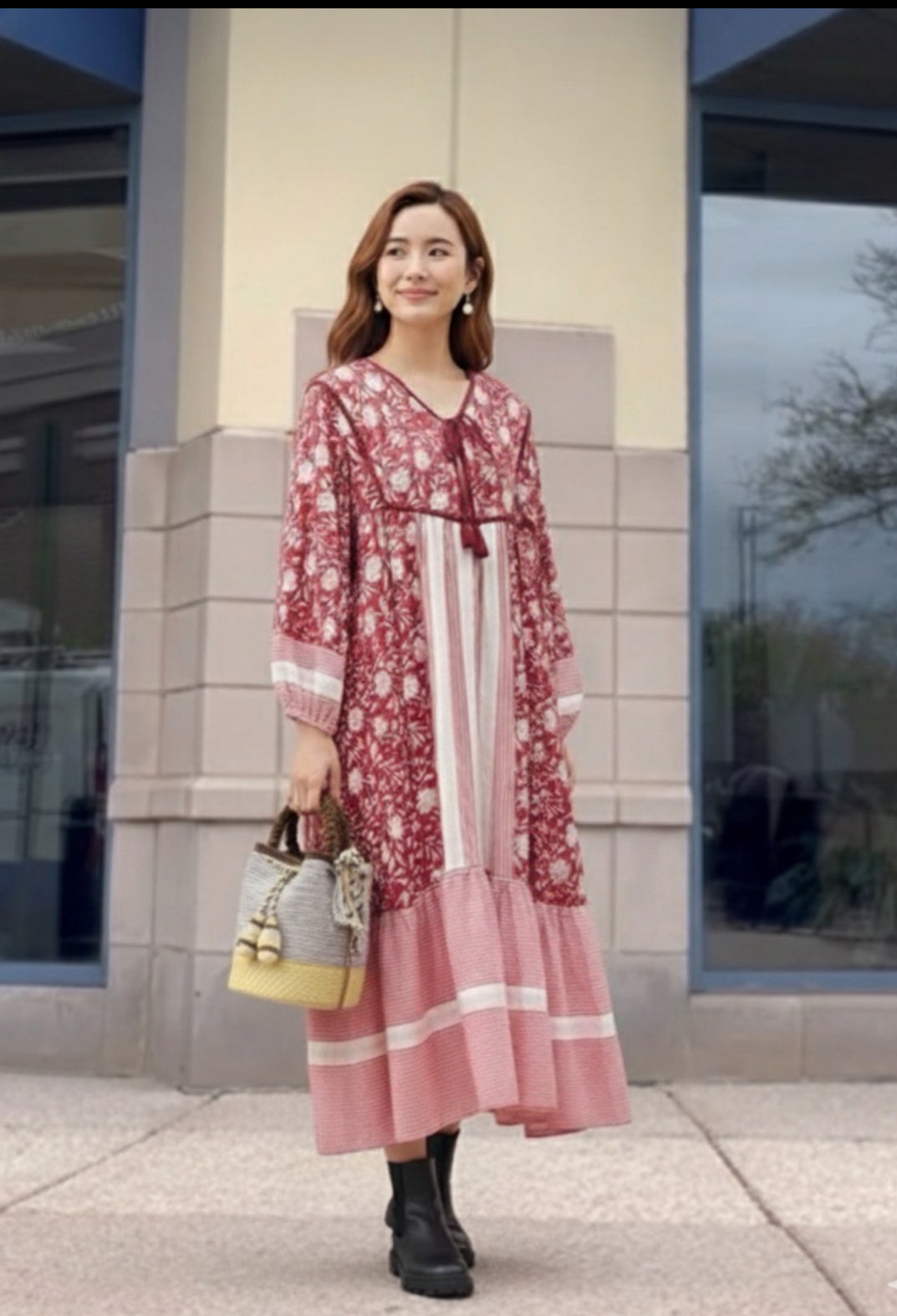 ブロックプリント胸キルトワンピース