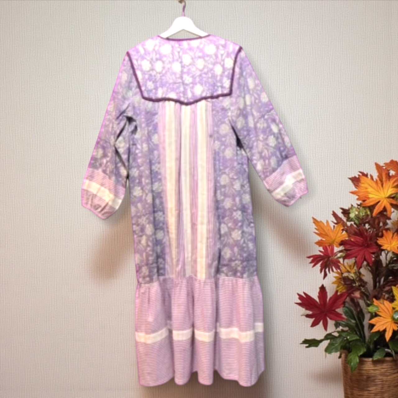 ブロックプリント胸キルトワンピース