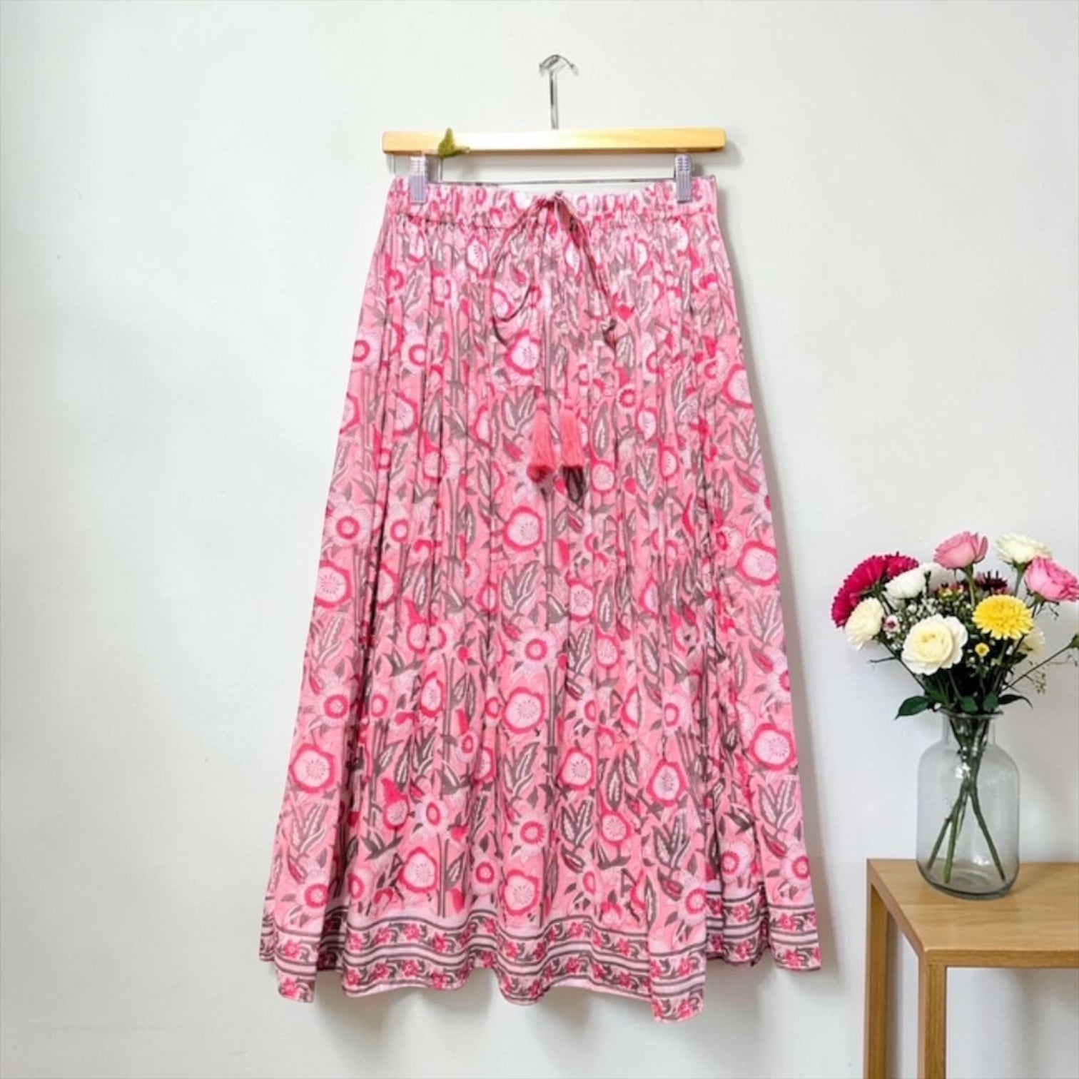 Preorder 2026 S/Sインド綿コットンボイル　フラワーボーダー・コットンロングスカート（予約販売 5月中旬発送予定)