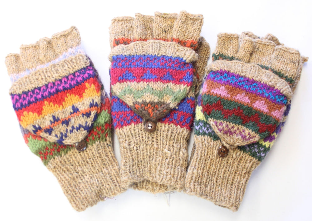 手編み ウール フェアアイル 編みこみ模様 フィンガーフリー 手袋