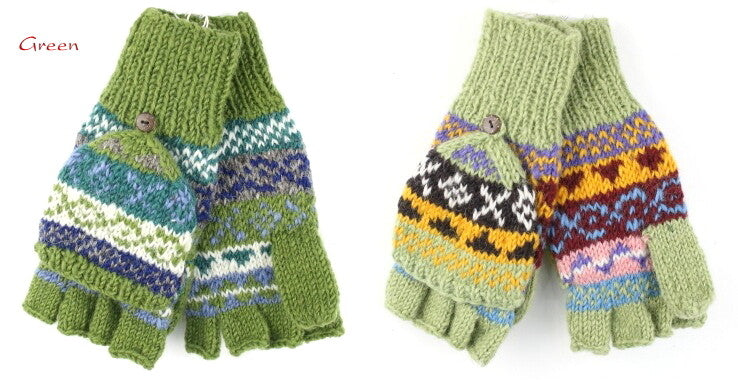 手編み ウール フェアアイル 編みこみ模様 フィンガーフリー 手袋