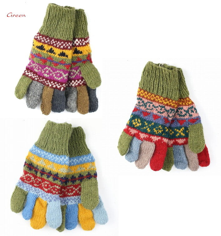 手編みウール100％ フェアアイル模様　 カラフル編みこみ　五本指　手袋