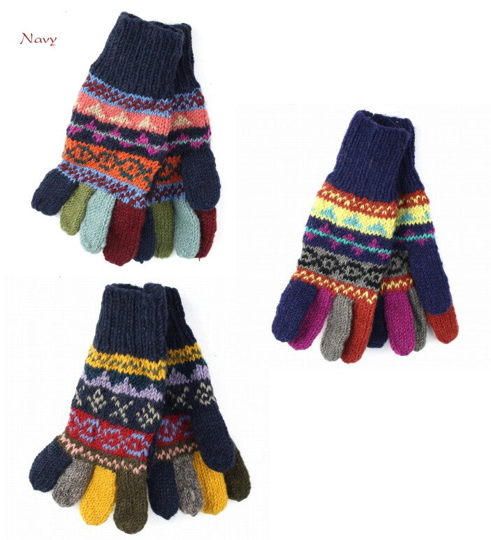 手編みウール100％ フェアアイル模様　 カラフル編みこみ　五本指　手袋