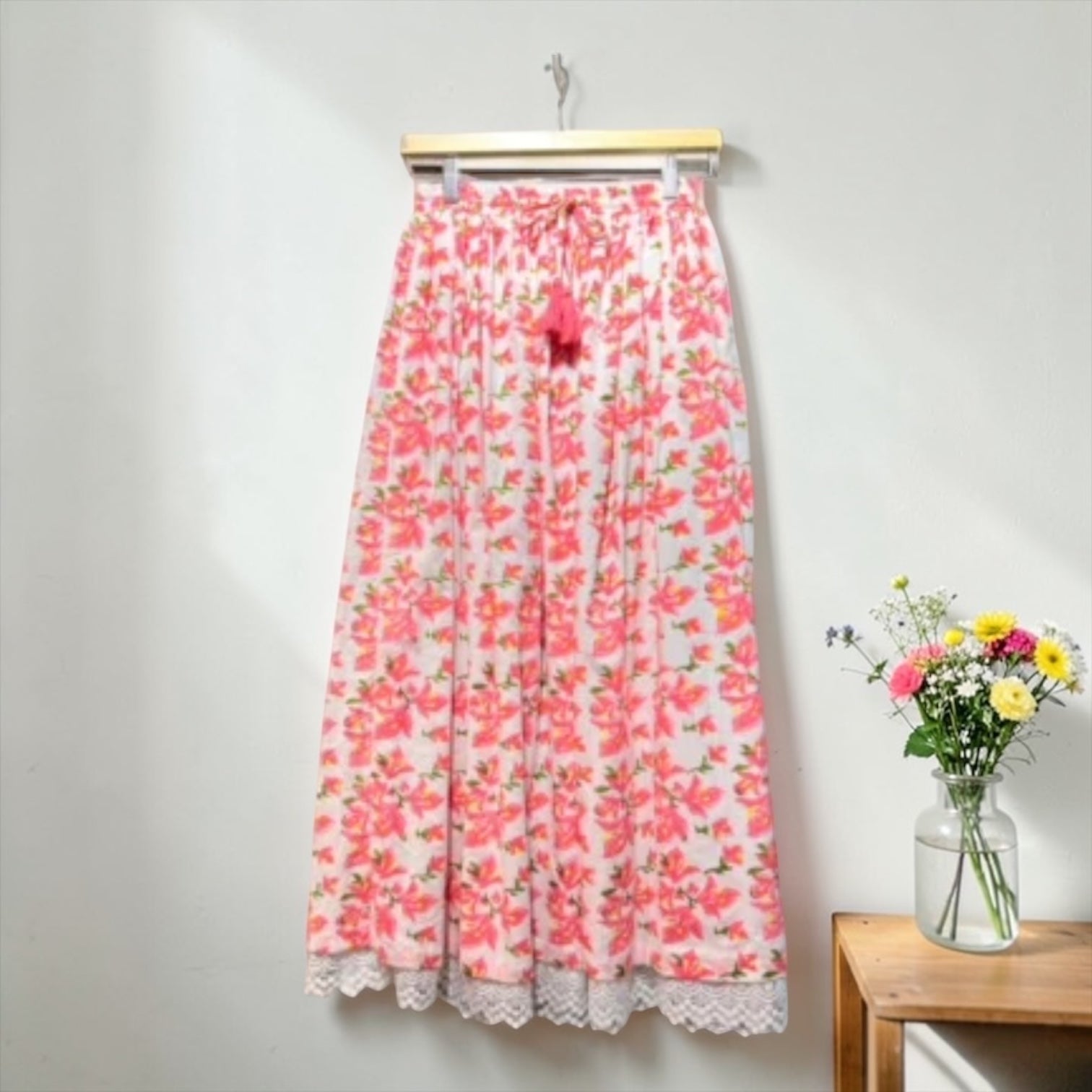 インド綿100% ブロッキング花柄 レースロングスカート