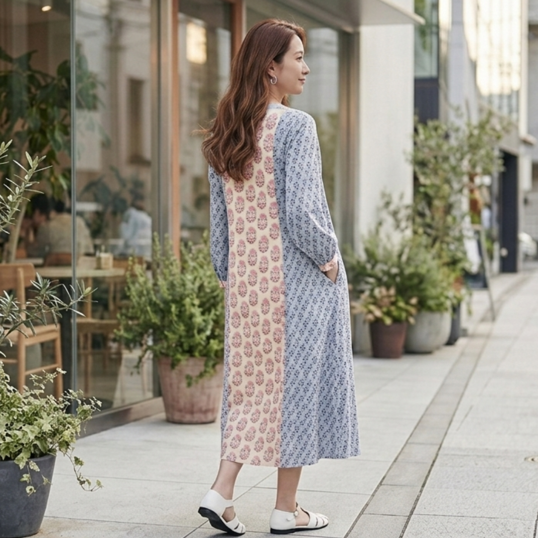 春夏インドコットン切替ブロックプリントワンピース