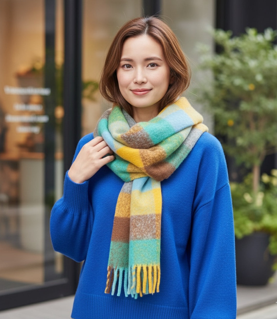 シャギー起毛ストール　チェック柄