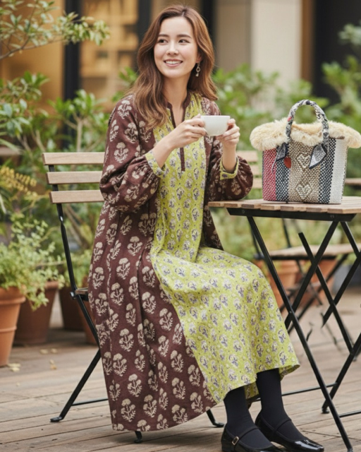 インドコットン切替ブロックプリントワンピース 2025新作 A/W