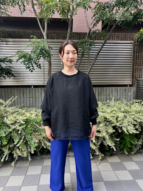 オーガンジーレイヤード ダンボールニット ボリューム袖プルオーバー長
