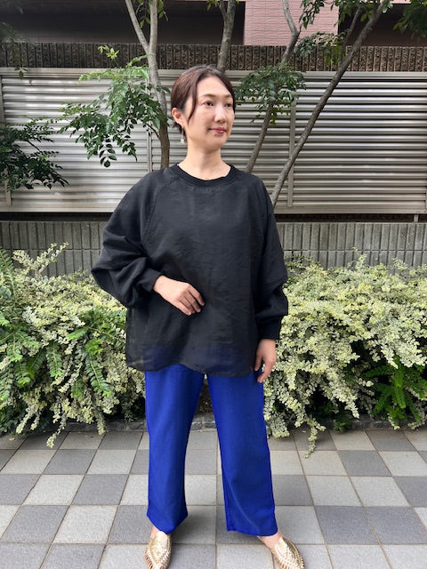 オーガンジーレイヤード ダンボールニット ボリューム袖プルオーバー長