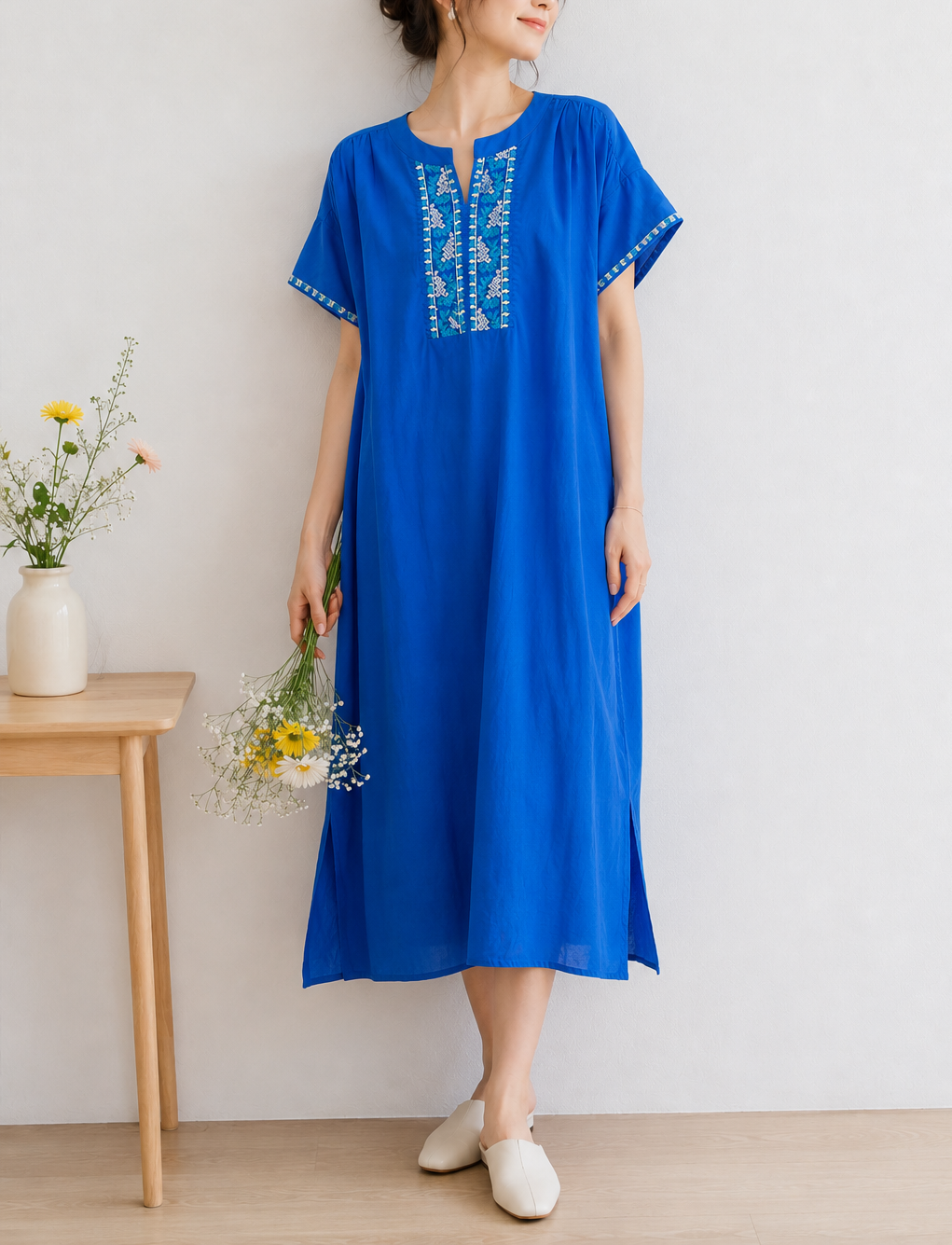 インド綿 刺繍 コットンワンピース ブルー 着用 ゆったり ロング