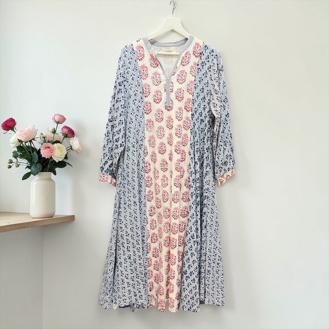 春夏インドコットン切替ブロックプリントワンピース