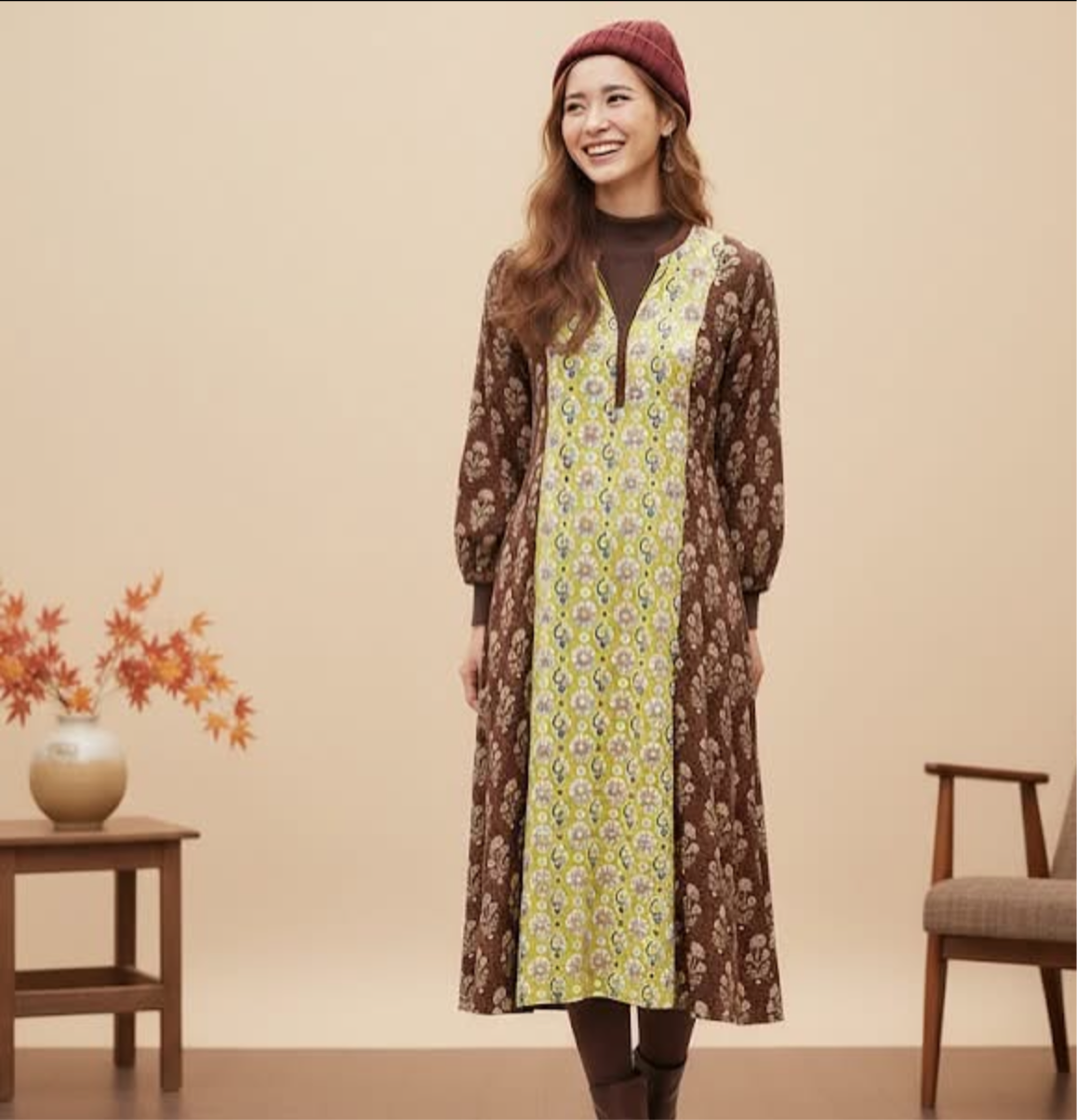 インドコットン切替ブロックプリントワンピース 2025新作 A/W