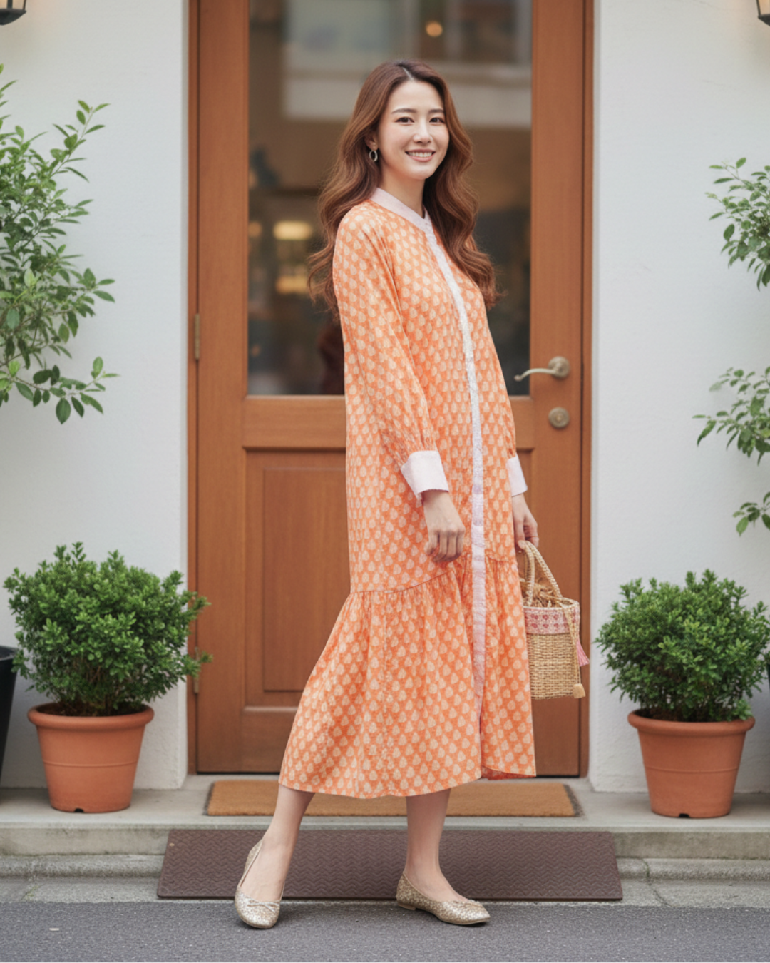 インド綿ハンドブロックプリント◇ボタンシャツワンピース