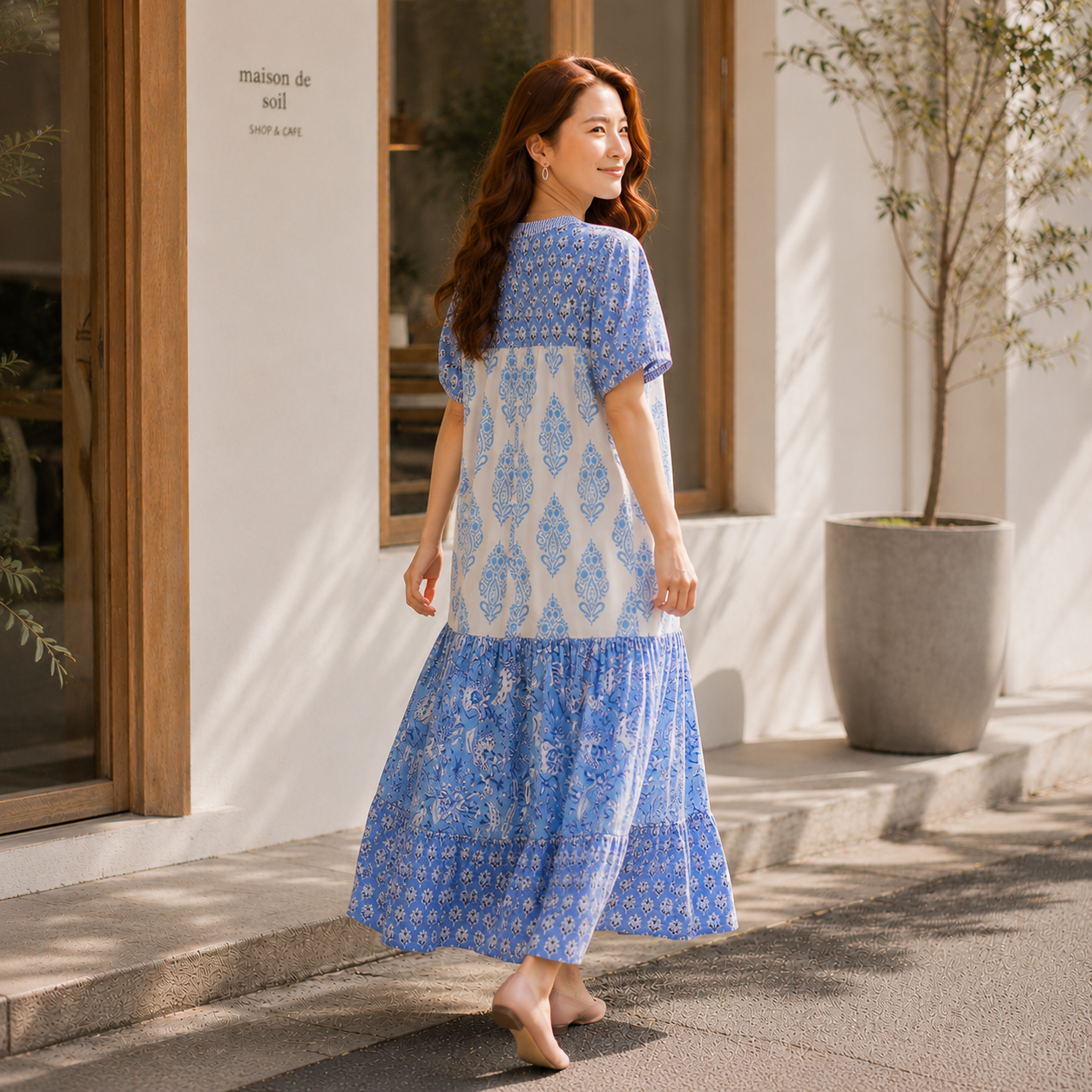 Preorder : プレミアムインド綿ブロックプリント ワンピース｜ブロックプリント カンブリックコットン ティアードワンピース（予約販売 7月上旬 発送予定）
