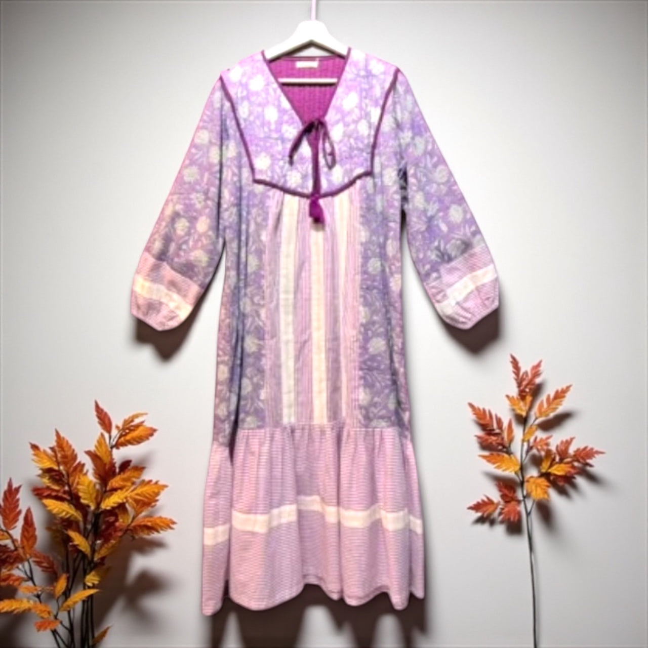 ブロックプリント胸キルトワンピース