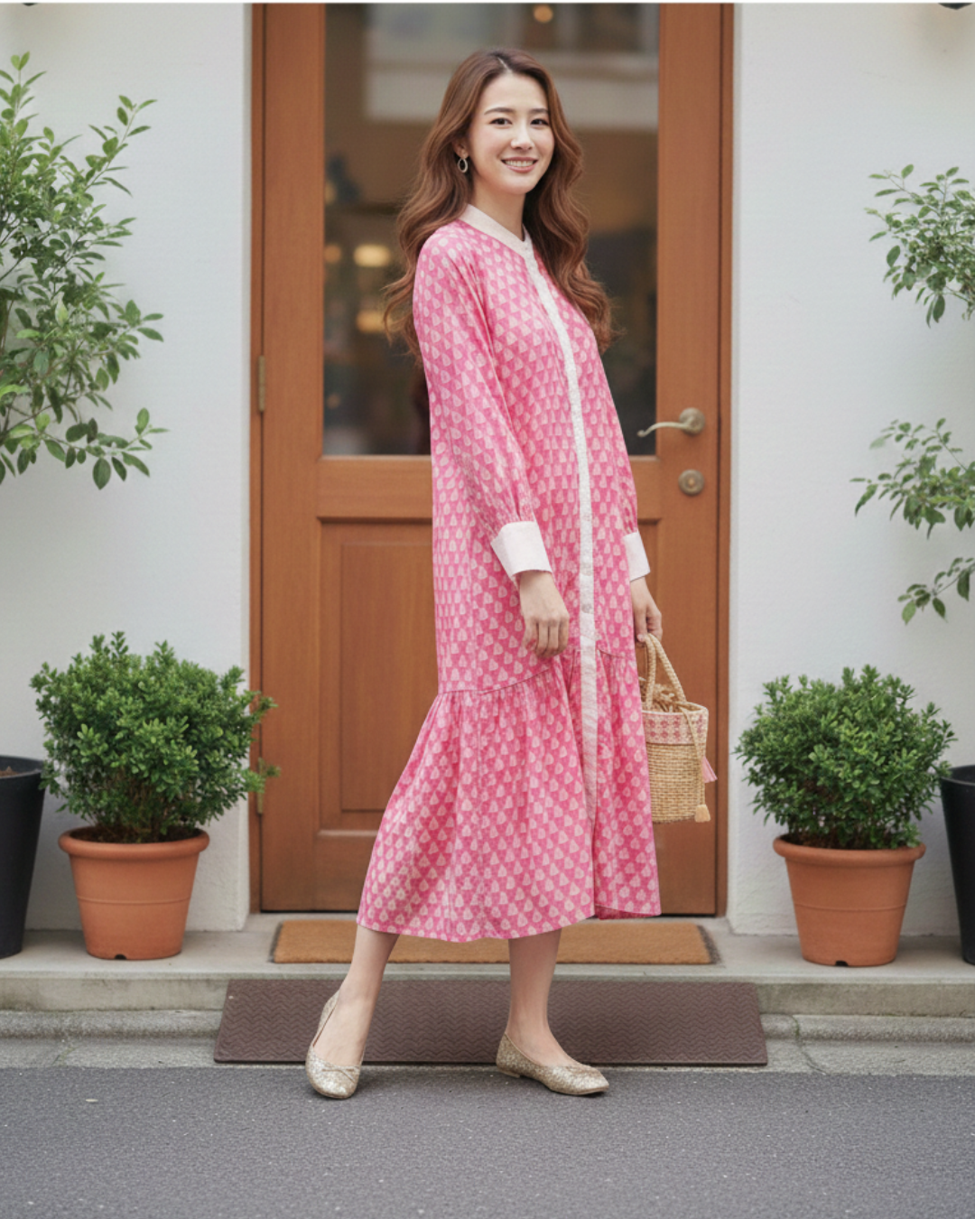 インド綿ハンドブロックプリント◇ボタンシャツワンピース