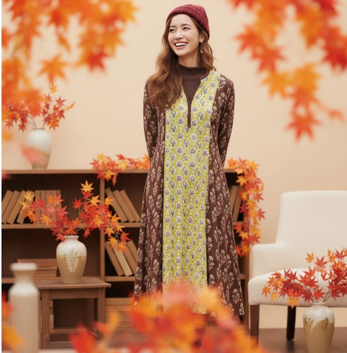 インドコットン切替ブロックプリントワンピース 2025新作 A/W