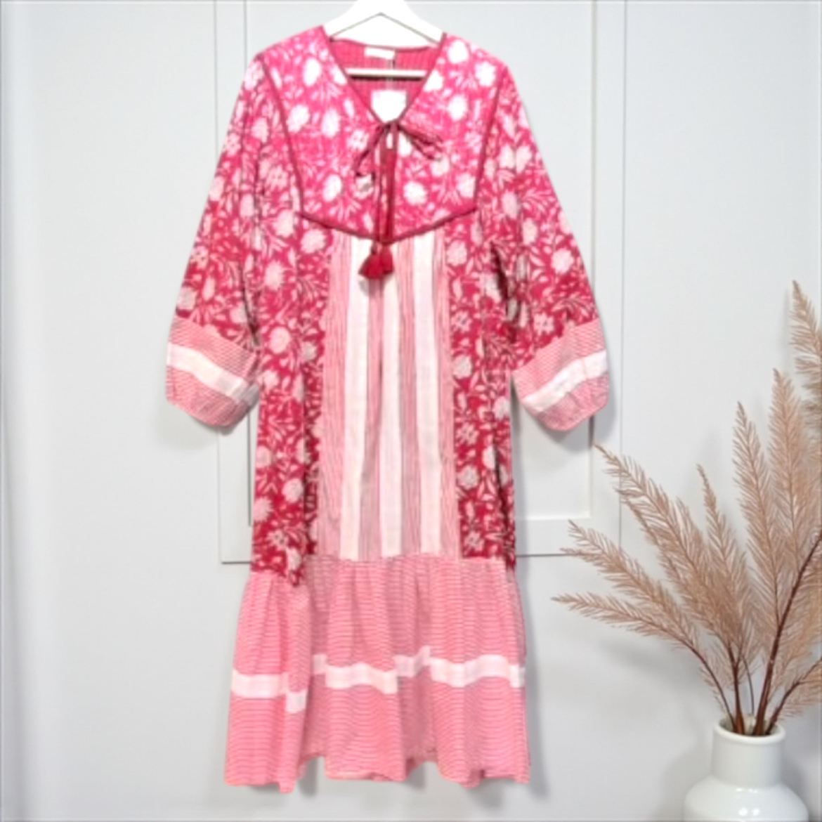 ブロックプリント胸キルトワンピース