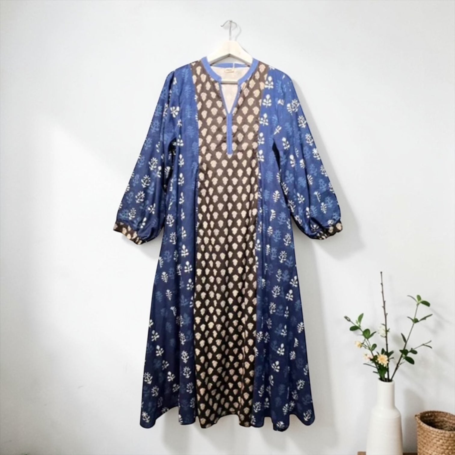 インドコットン切替ブロックプリントワンピース
