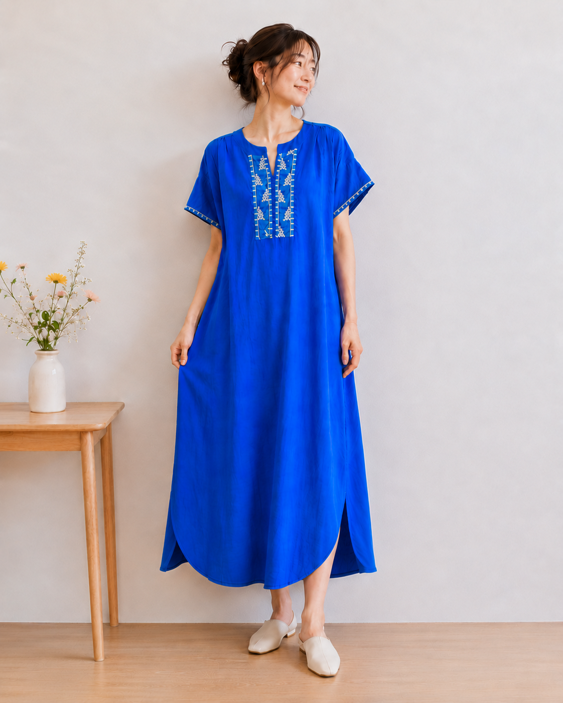刺繍 コットンワンピース｜インド綿 ロング ゆったり 半袖 リラックスワンピース