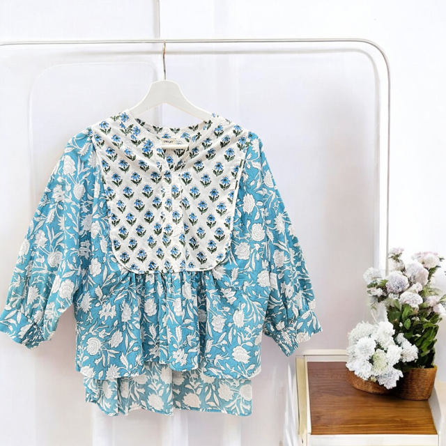 花柄ブロックプリント  インド綿  ブラウス  /春夏秋 3シーズン対応