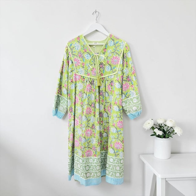 インド綿 ブロックプリント胸ステッチワンピース （2種類）