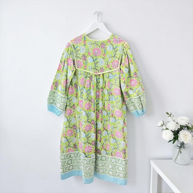 インド綿 ブロックプリント胸ステッチワンピース （2種類）