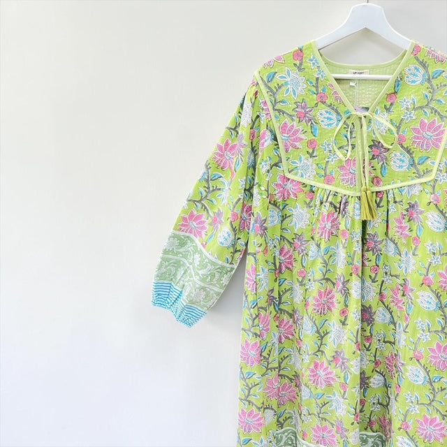 インド綿 ブロックプリント胸ステッチワンピース （2種類）