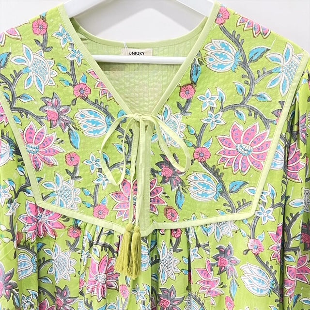 インド綿 ブロックプリント胸ステッチワンピース （2種類）