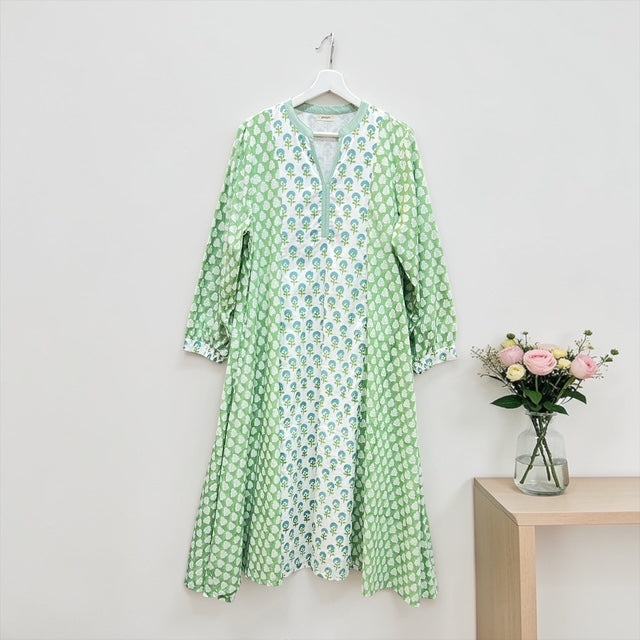 春夏インドコットン切替ブロックプリントワンピース