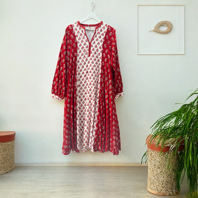 インドコットン切替ブロックプリントワンピース 2025新作 A/W
