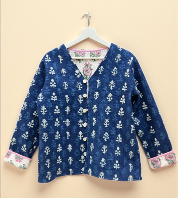 花柄とインディゴブルーのリバーシブルデザイン