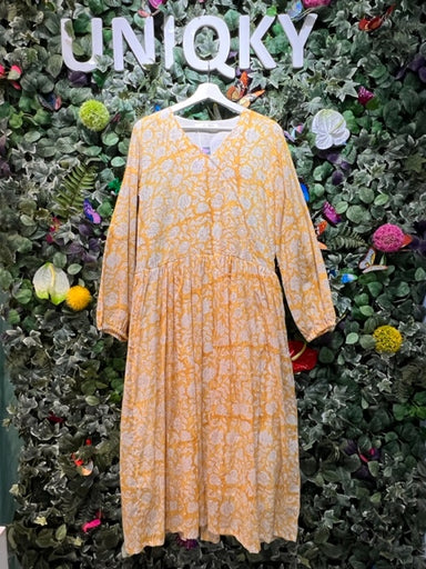 インド綿ブロックプリントワンピース レディース 春夏 ライトグリーン UNIQKY