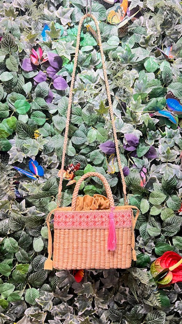 タッセル付きデコラティブバスケットバッグ｜ハンドメイド夏カゴバッグ（2WAY仕様）